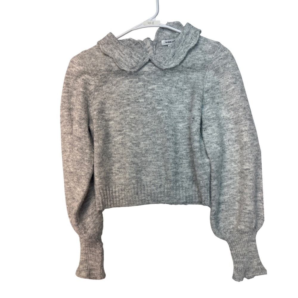 West Of. Heather Grey Peter Pan Collar Puff Sleeve Button Back Sweater XS - Picture 3 of 6